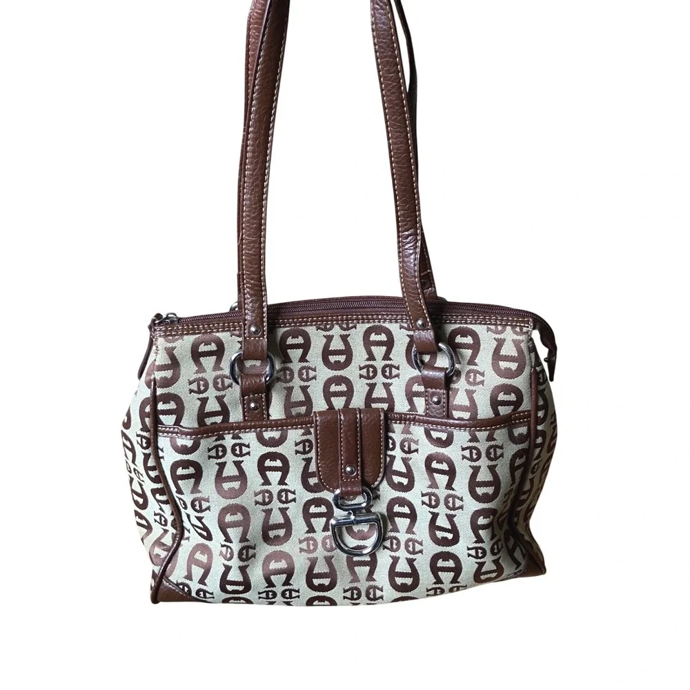 Etienne‎ Aigner Monogram Canvas Shoulder Bag Brown Leather Trim Equestrian